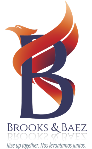 Abbreviated version of logo for Brooks & Baez. Rise up together. Nos levantamos juntos.